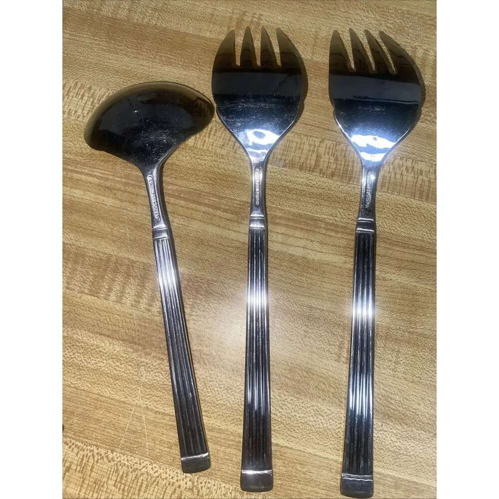 Set Of 3 Estia OLYMPIA Korea Stainless Glossy Ridges Band SERVING Forks & Ladle